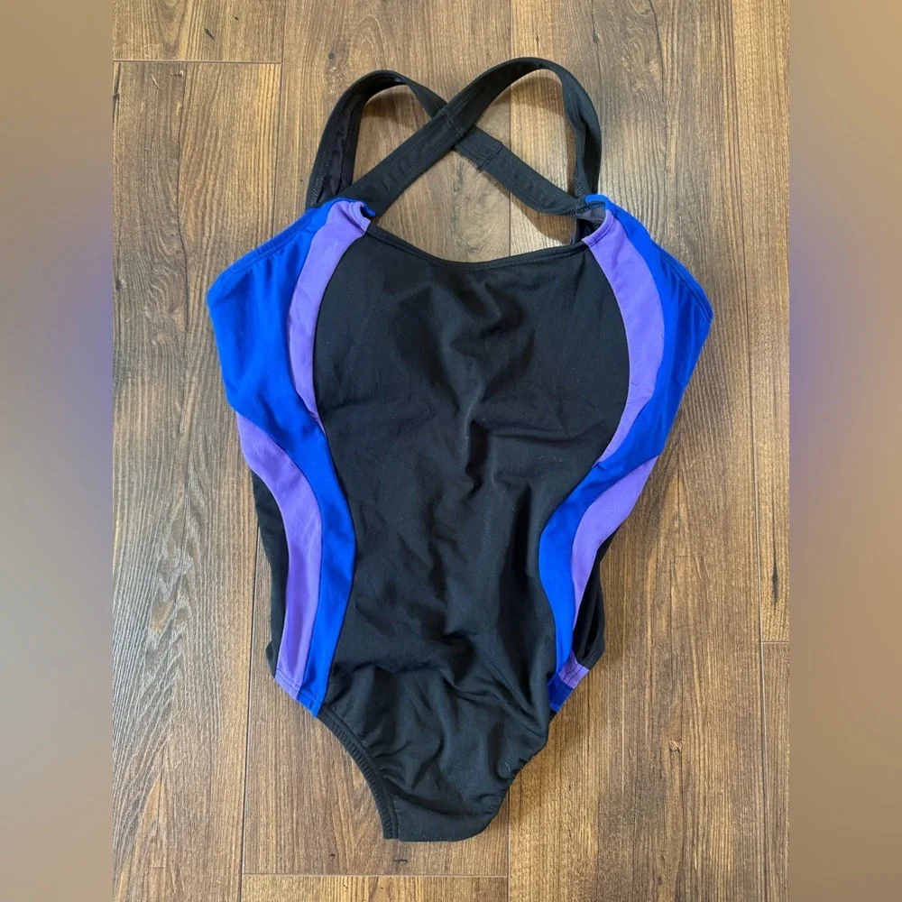 Land’s End Black One-Piece Swimsuit with Blue and Purple Accent Panels Size 10P